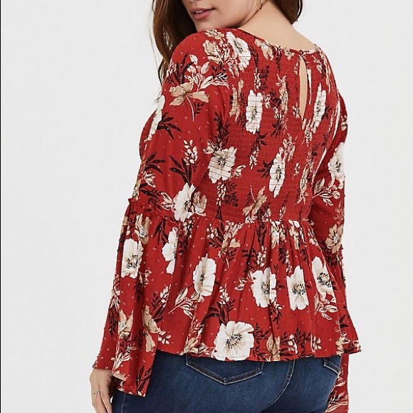 2X // Torrid Red Terracotta Floral Crinkled  Gauze Midi Babydoll Top - Picture 3 of 13